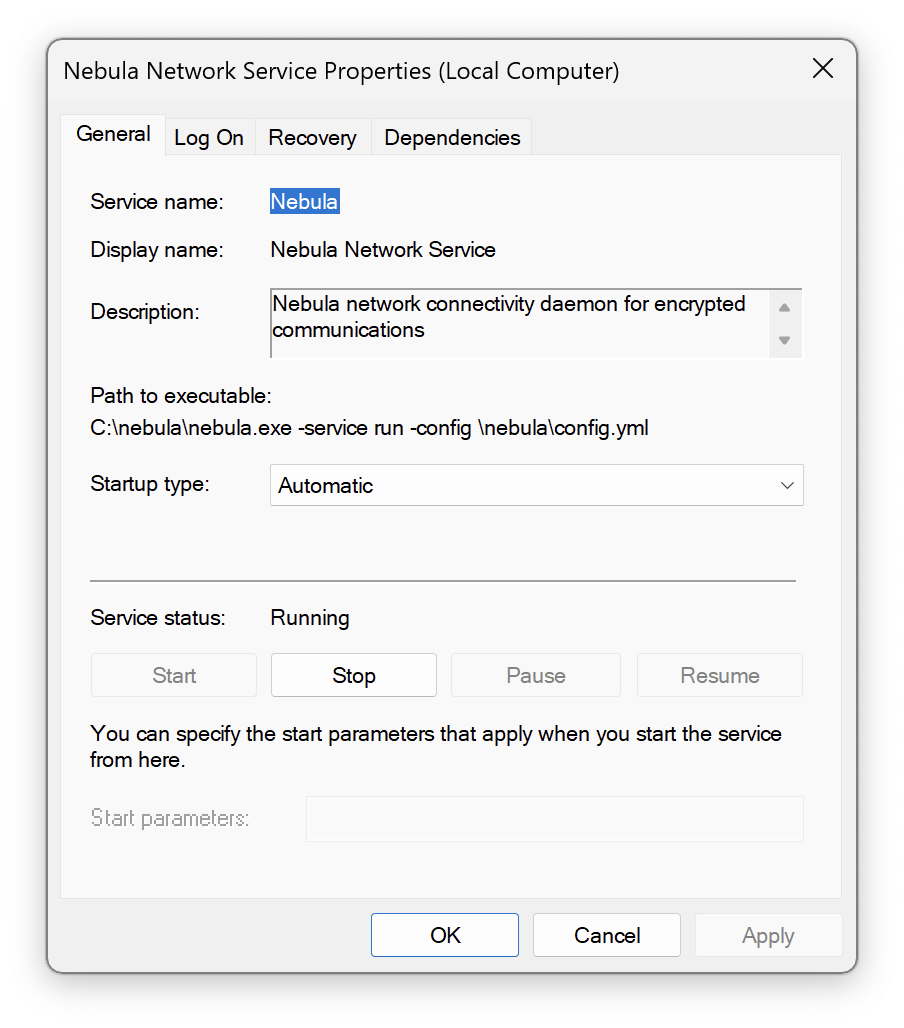 Services app showing the status of the nebula service